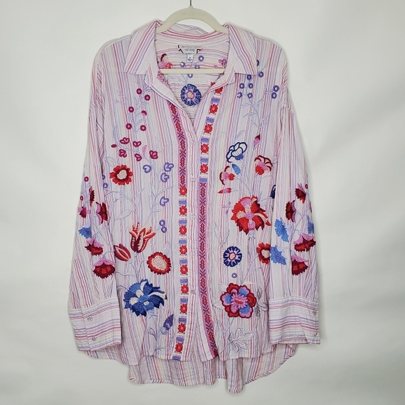 Johnny Was Piper Embroidered Striped Shirt Size 2X Relaxed Floral Button Up - Picture 2 of 15